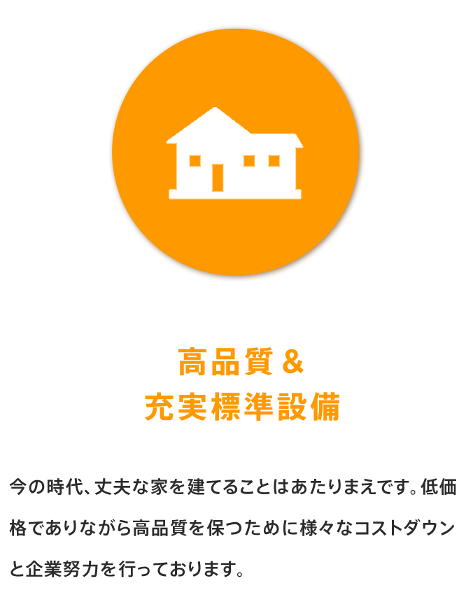 高品質＆充実標準設備 今の時代、丈夫な家を建てることはあたりまえです。低価格でありながら高品質を保つために様々なコストダウンと企業努力を行っております。
