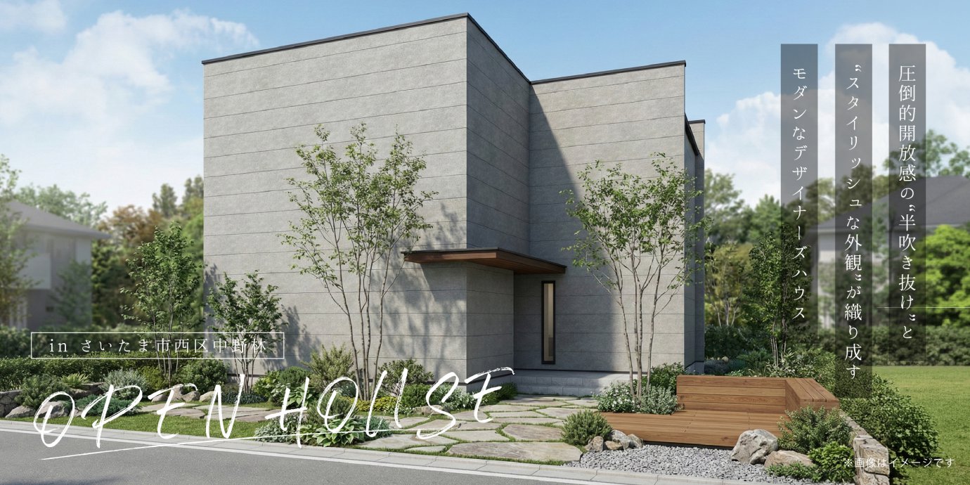 【さいたま市西区中野林】圧倒的開放感の“半吹き抜け”と“窓の無い家”が織り成すモダンなデザイナーズハウス。広々タイルデッキが暮らしをちょっと豊かにしてくれる。—川越展示場―